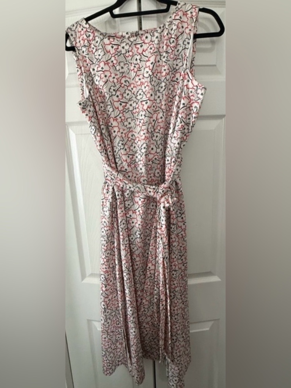 Anne Klein Red & Blue Floral Sleeveless Midi Dress Tie Waist A-Line size 12/14